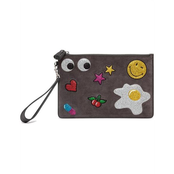 Anya Hindmarch Zip Top Pouch Glitter All Over Stickers Suede Clutch - Picture 1 of 11